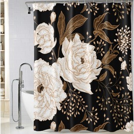 BIVINAR Black Gold Floral Shower Curtain, Black Flowers Bathroom Shower Curtain, Fabric Waterproof Shower Curtain with 12 Hooks, 72 x 72 Inch