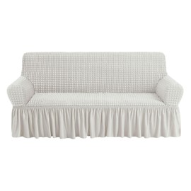 NICEEC Sofa Slipcover Ivory Sofa Cover 1 Piece Easy Fitted Sofa Couch Cover Universal High Stretch Durable Furniture Protector with Skirt Country Style (3 Seater Ivory)