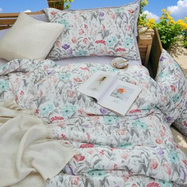 Merryword Floral Comforter Queen Size, 100% Cotton Comforter Red Purple Green Floral Patten Botanical Soft Garden Pastoral Reversible Bedding Sets 3Pcs