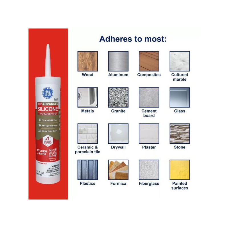 GE Advanced Silicone Caulk for Kitchen & Bathroom, White, 10