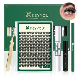 KEYYOU DIY Wimpern Extensions Set 144pcs Lash Extension Set D Curl 8-16Mix Wimpern Cluster with Super Hold Wimpern Bindung und Dichtung wimpernbürste Wimpernentferner and Wimpern-Applikator（Y01KIT）
