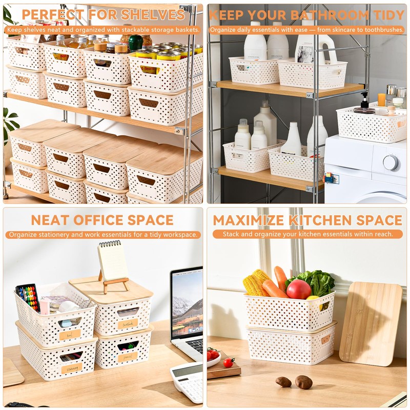 8 Pack Small Plastic Storage Bins with Bamboo Lids, Stackable