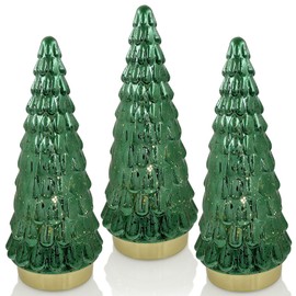 Green Mercury Glass Christmas Tree 3pcs, Tabletop Christmas Tree with Light, Battery Operated Mini Xmas Tree for Fireplace Centerpiece Decorations 10"