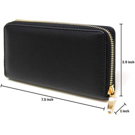 RJAY Women's Fashion Solid Color Faux Leather Long Wallet with Zipper Closure, Card Slots, Zippered Coin Pouch (Solid - Black)