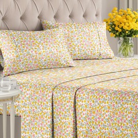 Floral Sheets - Watercolor Floral Bed Sheet Set - 1 Flat, 1 Fitted & 2 Pillowcases w/Deep Pockets - Comfy, Wrinkle & Fade Free Boho Botanical Bedding - Soft, Breathable and Cooling - King Size New