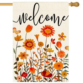 ARGOOFG Fall Welcome House Flag 28x40 Inch Double Sided for Outside, Rustic Autumn Floral Outdoor Decorative Garden Flag Farmhouse Porch Decor 4-28