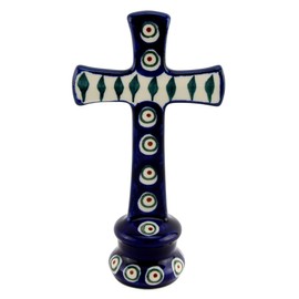 Polish Pottery Market Standing Cross – Handcrafted by Zaklady Boleslawiec Poland - Hand-Painted Polish Stoneware - Peacock Pattern