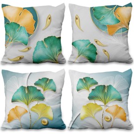 Vie Savaran 4 Pcs/Set Autumn Leaves Pillow Covers Gold Blue Ginkgo Leaf Leaf Texture Plants Gradient Color Linen Throw Pillow Covers for Home Outdoor Couch Sofa Farmhouse Bedroom Decor, 18"x18"