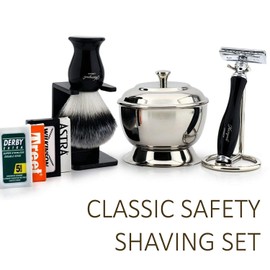 Double Edge Safety Care Kit - Classic Razor, Synthetic Brush, Tripod, Bowl & Soap - Perfect set for any wet razor enthusiast.