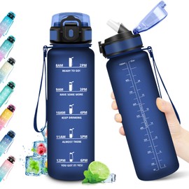 Water Bottle, 1 Litre, Water Bottle with Time Marking, Leak-Proof, Drinking Bottle with Straw, BPA-Free, Sports Bottle for Fitness, Bike, Office, School, Outdoor, Adults, Bubble Suitable