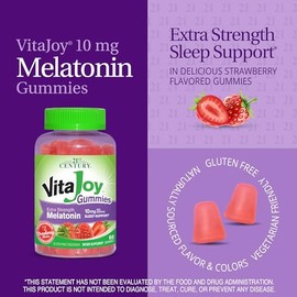 VitaJoy - Gomitas de melatonina de 10 mg extra fuertes – Suplemento de apoyo para dormir, sabor fresa, a base de pectina, vegetariana, sin gluten, 60 