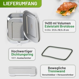Bublife 1400ml Brotdose, Lunchbox, Brotdose Kinder mit Fächern, Bento Box Kinder, Jausenbox Kinder, Lunchbox Erwachsene, Edelstahl Brotdose mit Fächern, Brotdose Erwachsene