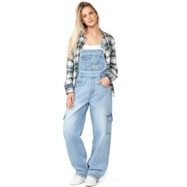 Lana Roux 90s Retro Dungaree Utility Denim Jumpsuit Jean Overalls (Cargo Light Denim, X-Small)