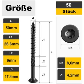 Pack of 50 4.2 x 50 Wood Screws Torx Countersunk Screws Chipboard Screws Black Patio Screws Alloy Steel Wood Construction Screws Universal Screws Roof Construction