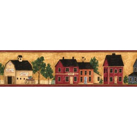 CONCORD WALLCOVERINGS ™ Wallpaper Border Country Pattern Village Farm Houses Trees Fence for Kitchen Dining Area Cottage Farmhouse, Tan Red Green, 15 ft by 6.2 in 5813930