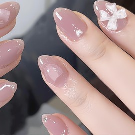 LEVGAL Nail Tips, Short, Nude Pink, 24 Pieces, Fake Nails, Short, White Ribbon, 3D Heart, Fake Nails, Popular Nails, Japanese Style, Cute, Stylish, Simple, Double-Sided Tape Included, Coming-of-Age Ceremonies, Weddings, School Entrance Ceremonies, Gradua