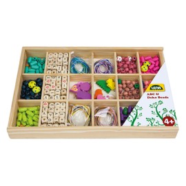 Lena 32024 Craft Set Wooden Threading Beads Large and Wooden Threading Letters in Wooden Cassette, Beads Set with Over 400 Pieces, Wooden Threading Beads, Wooden Beads Set for Children from 4 Years,