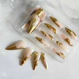 Gold French Tip Press on Nails Stiletto Fake Nails Nude False Nails with 3D Gold Irregularity Chrome Design Y2K Glue on Nails Glossy Acrylic Nails Long Almond Stick on Nails for Women 24Pcs