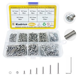 Kadrick 304 Stainless Steel Screws,660 Pcs M2 Screw Assortment,Button Head Socket Cap Screws Kit,M2x4mm,6mm,8mm,10mm,12mm,16mm Metric Bolts Nuts Washers Kit with 1 Hex Allen Wrench