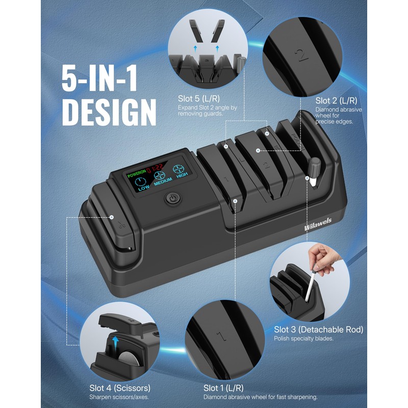 WILAWELS Electric Knife Sharpener, 5-in-1, 3 Rotational Speed Adjustable Electric