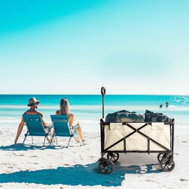 Foldable Wagon Cart with Wheels: Heavy Duty Outdoor Utility Carts with Adjustable Height Handle and Side Pockets for Groceries, Shopping, Garden, Camping, Sports Large Capacity - Khaki