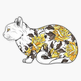 Cat in Yellow Roses Tattoo Sticker Outdoor Rated Vinyl Sticker Decal for Windows, Bumpers, Laptops or Crafts 5"