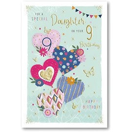 ICG Special Daughter 9th Birthday Card - Age 9 - Love Heart Balloons, Butterfly and Flowers Embossed with Foil Details