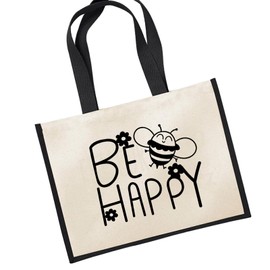 Huuraa Be Happy Bee Jute Bag Black Size 21 Litres with Cute Motif Gift Idea for Friends and Family, multicoloured