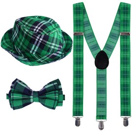 baotongle Unisex St Patricks Day Costume Accessories Set Includes Irish Plaid Green Elastic Suspenders Bow Tie Green Plaid Hat for St. Patrick's Day