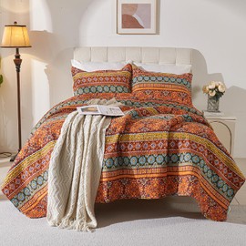 Cmfshape Orange Quilt Sets Bedspread Set 100% Cotton Boho Bedding Set, All Season Use Lightweight Reversible Coverlet Quilts with 2 Pillow Shams(King 106"x96")