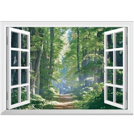 FLFK Fake Window Wall Mural - Road in The Forest Faux Window Wall Sticker for Wall Decor, Peel and Stick Wall Decals,48"x32",Set of 2 Sheets