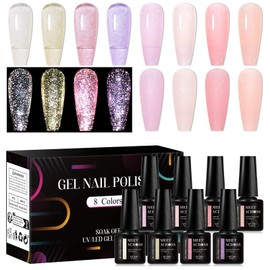 MEET ACROSS Gel Polish Set 8 Colors Reflective Glitter Gel Nail Polish Kit Sparkle Glitter Gel Pink Purple Yellow UV/LED Soak Off DIY Manicure Kit Gift for Women Girls