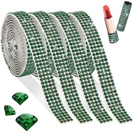 FULZTEY - Cinta de diamantes de imitación con purpurina, 4 filas, autoadhesiva, verde oscuro, 2 mm, 4 rollos de 1 yarda cada uno