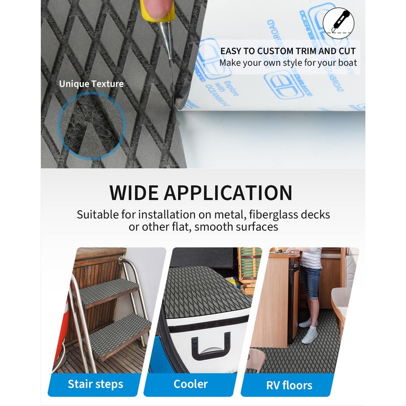 OCEANBROAD Self-Adhesive 96''x23.5'' Boat Flooring Non-Slip Diamond Pattern EVA Foam
