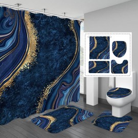 Gibelle 4 Pcs Luxury Marble Shower Curtain Set with Non-Slip Rugs, Toilet Lid Cover and Bath Mat, Gold Foil Navy Blue Bathroom Decor Set with Shower Curtain and Rugs and Accessories