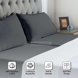 Ready To Rest Split Queen Sheets Set, 5 Piece, 100% Egyptian Cotton, 400 TC, Deep Pocket, Adjustable Bed, Stone Grey Solid