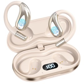 Open Ear Clip Wireless Earbuds Bone Conduction Headphones, Bluetooth 5.4,Open Ear Design,Built-in Mic, IPX5 Waterproof,LED Display Charging Case,Ear Hooks Ear Buds Design for Running Fitness ,Khaki﻿ ﻿