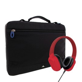 Brenthaven Tech Accessory Kit - Tred Carry Sleeve 11 inch Work in Case + Rugged Headphones Wired USB C (Red) - Lightweight Protection & Tangle Free Plug & Play for Kids School Travel or Remote Work