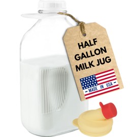 KitchenToolz Glass Milk Jug 64 oz – Half Gallon Jar with Lid and Silicone Pour Spout – Made in USA Water Jug – Milk Jugs with Lids – Reusable Bottles 64 oz