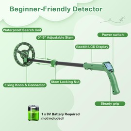 HONEY JOY Metal Detector for Kids, 24.5”-33.5” Adjustable/IP68 Waterproof/1 LB Lightweight Gold Detector w/ 6.5’’ Search Coil, Backlit LCD Display, Kids Metal Detector for Exploration Hiking (Green)
