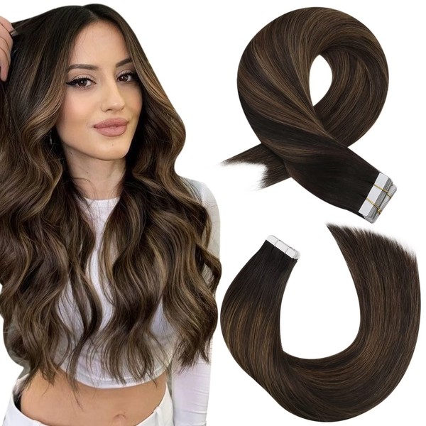 Moresoo Tape Extensions, Real Hair, Balayage, Remy Human Hair Skin Weft Extensions, Tape-In Real Hair, Ombre Invisible Hair Extension, Real Hair Tape, Dark Brown with Medium Brown, 20 Wefts, 30 g, 30 cm