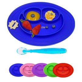Bberizos| Plato Antideslizante Cuchara Suave Encías Set Alimentación de Silicona para Bebe Infantil con Divisiones para Niños Grado Alimenticio para Papillas Alimentos Sólidos Snakcs Sin BPA Sin PVC (Blue)