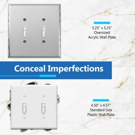 LIDER Reflective Acrylic Toggle Switch Wall Plate, Mirrored Double Light Switch Cover, Plexiglass Cover Plate, Acrylic Glass, Oversized 2-Gang 5.25" x 5.25", LWP-12O-ASV5P, Silver, 5 Pack