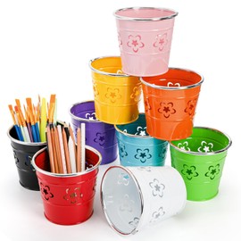 Noamus 9 Pack Metal Pen Holder Cup, Desktop Pencil Bucket with Flower Pattern, Mini Makeup Brush Storage Organizer, Colorful Stationary Supplies Container for Office Classroom School Crafts(9 Color)