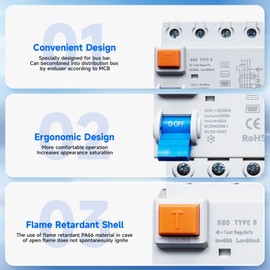 FI Circuit Breaker 40 A - 30 mA / 4-Pin / Type B Residual Current Circuit Breaker, RCD 40 A 30 mA 4 Pin, Automatic Fuse, DIN Rail for Wall Boxes Charging Stations