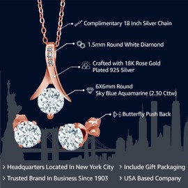 Gem Stone King 18K Rose Gold Plated Silver Sky Blue Aquamarine and White Diamond Pendant Necklace Earrings Jewelry Set For Women (2.30 Cttw, Gemstone Birthstone, with 18 inch Chain)