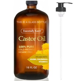 Essentially KateS Aceite De Ricino 16 Fl Oz(Botella De Vidrio) - Jojoba + Caléndula + Vitamina E - Una Enorme Botella De Vidrio Con Bomba - 100% Puro Y Natural, Prensado En Frío Y Sin Hexano - Aceite