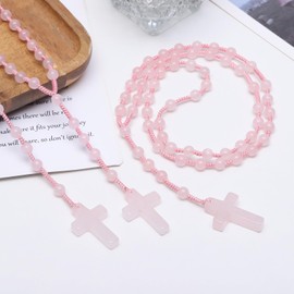 KYEYGWO Crystal Cross Pendant for Men and Women, Religious Prayer Necklaces, Gemstone Pearl Necklace, Catholic Jewellery, Gemstone Crucifix Chains, Rose Quartz, Rose Quartz
