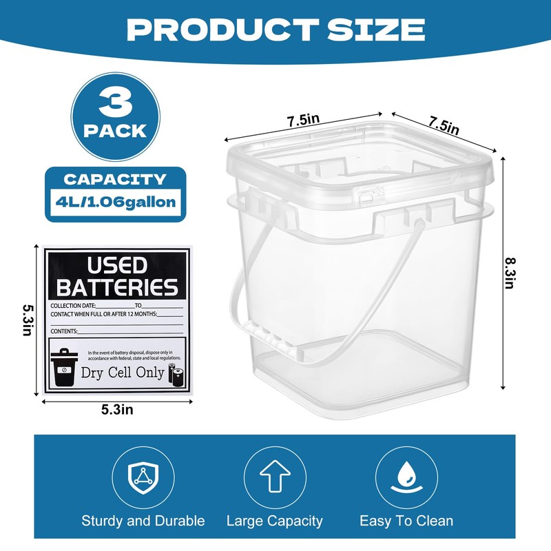 3 Pcs Battery Disposal Container 1 Gallon Dry Cell Storage