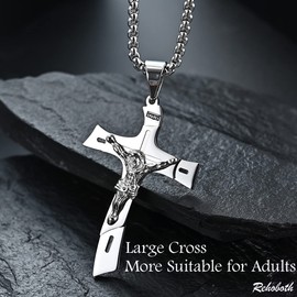 Rehoboth Catholic Crucifix Jesus Christ on INRI Cross Large Pendant Necklace for Mens Stainless Steel 24 Chain Silver